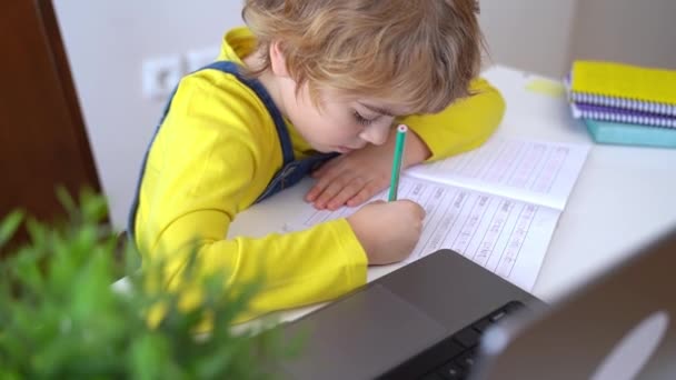 Bezár Schoolboy Gyermek Írni Gyakorlat Ábécé Segítségével Laptop Online Oktatási — Stock videók