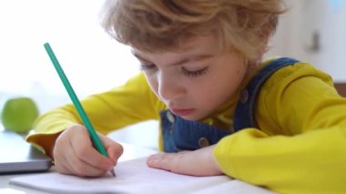 Close up Schoolboy child write exercise alphabet using laptop online educational lesson programming course at home. Distance learning remote video conference. Schoolgirl study does homework.