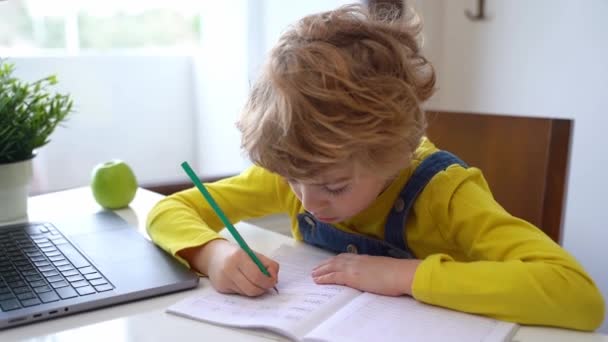 Sluiten Schooljongen Kind Schrijven Oefening Alfabet Met Behulp Van Laptop — Stockvideo