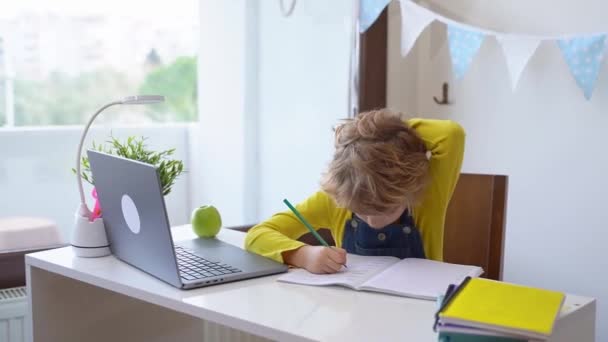 Sluiten Schooljongen Kind Schrijven Oefening Alfabet Met Behulp Van Laptop — Stockvideo