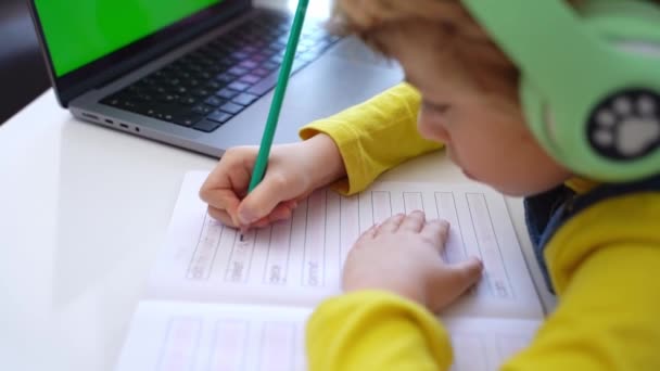 Close Schoolboy Child Write Exercise Alphabet Using Laptop Online Educational — Stock videók