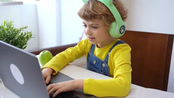 Cute Smart Caucasian Primary School Child Headphones Educate Online Laptop — Vídeo de stock