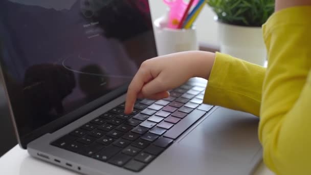 Cute Smart Caucasian Primary School Child Typing Keyboard Laptop Online — ストック動画