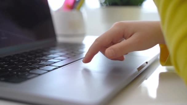 Close Schoolboy Child Hands Typing Keyboard Using Touchscreen Laptop Online — Stockvideo