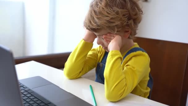Bored Schoolboy Child Using Laptop Online Educational Lesson Course Home — 图库视频影像