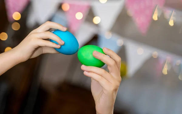 Easter Family Traditions Close Caucasian Children Hands Playing Decorated Eggs — ストック写真
