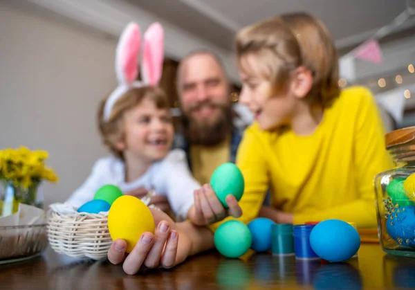 Easter Family Traditions Father Two Caucasian Happy Children Bunny Ears — Zdjęcie stockowe