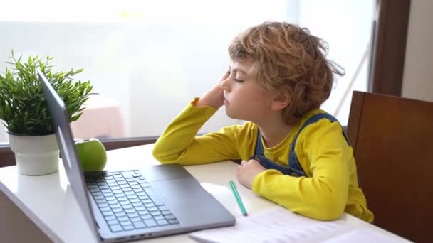 Bored Schoolboy Child Using Laptop Online Educational Lesson Course Home — Stock video