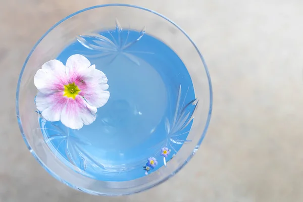 Widok Góry Szklankę Niebieskim Koktajlem Delikatnym Kwiatem Selektywne Miękkie Skupienie — Zdjęcie stockowe