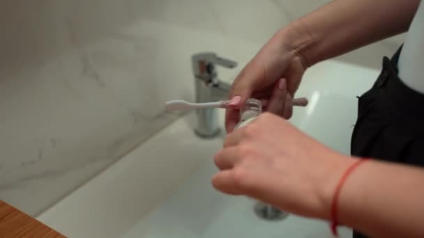 Close Teenage Girl Brushing Teeth Bathroom Home Dental Care Hygiene — Stock Video