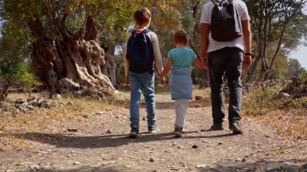 Viaja Con Gente Padre Caucásico Hijo Niño Niña Caminando Juntos — Vídeo de stock