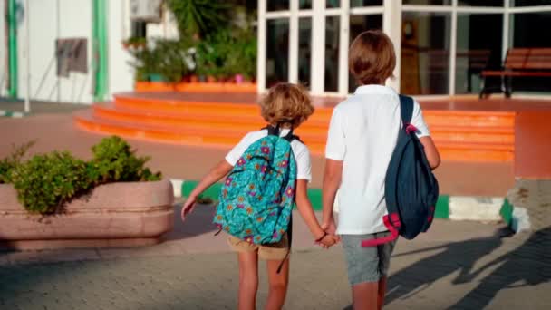 Estudantes Escolares Crianças Com Mochilas Caminhando Para Estudar Volta Escola — Vídeo de Stock