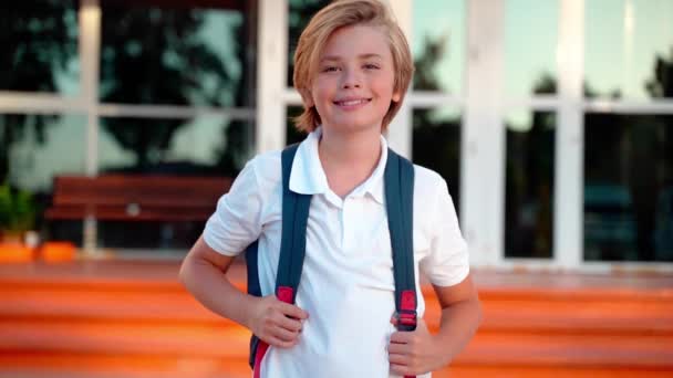 中学生少男少女的画像 带着背包 在课间休息时看着院子里的相机微笑 回学校去小学班级教育 — 图库视频影像