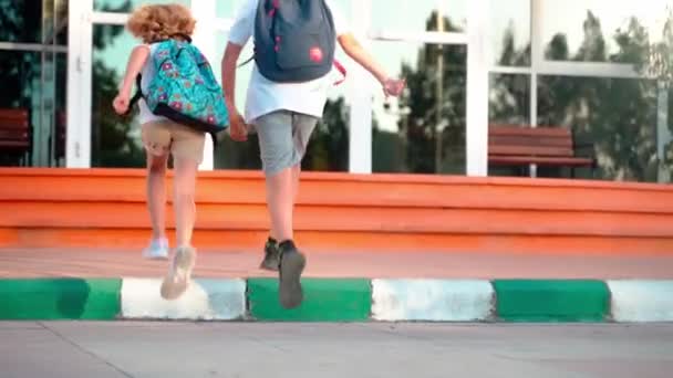 バックパックを歩いて勉強する子供たちと一緒に学校の学生を閉じます 学校に戻る 初等中産階級のための教育 笑顔で手を握っている リアビュー — ストック動画
