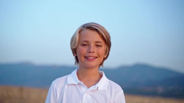 Relaxed Teen Boy Child Breathing Fresh Air Looking Camera Smiling — Stock Video
