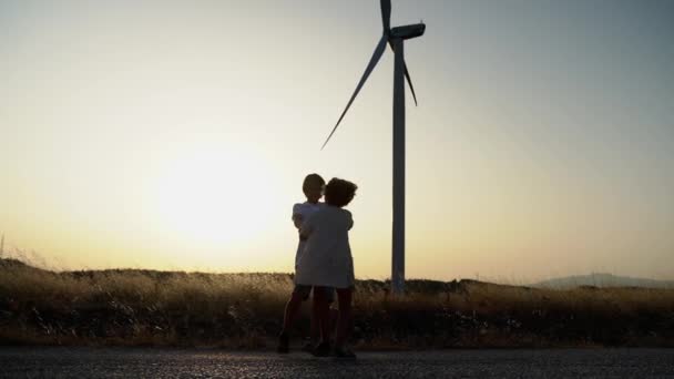 Spinning Turn Holding Hands Nature Sunset Field Windmill Wind Generator — Stock Video