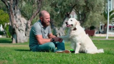 Evcil hayvan sahibi adam yaz boyunca bahçe parkında köpeğiyle Golden Retriever oynuyor. Köpek pençesi