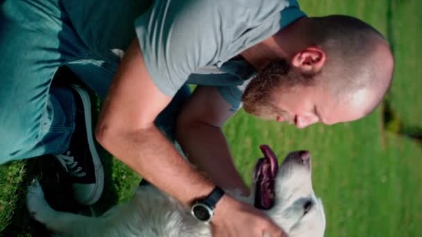 Чоловік Власник Домашніх Тварин Грає Своїм Щасливим Домашнім Собакою Золотим — стокове відео