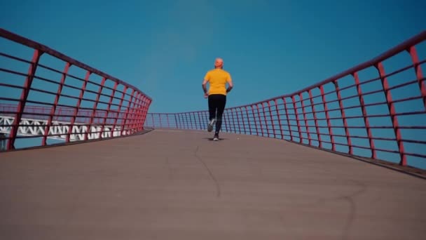 Middle Aged Man Does Running Jogging Workout Sunny Morning Preparation — Stock Video