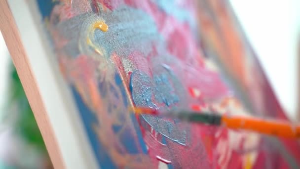 Cerrar Pintura Acrílica Pintura Óleo Sobre Lienzo Lección Escuela Arte — Vídeo de stock