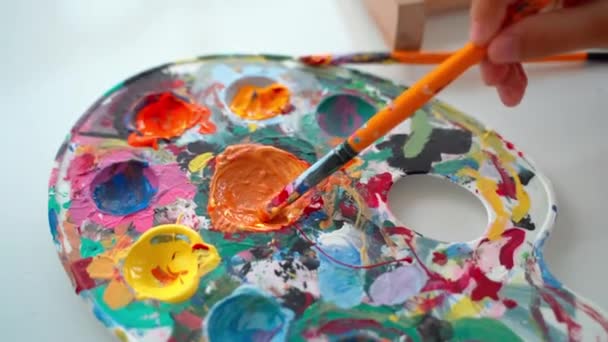 Artist Hand Picks Acrylic Oil Paint Palette Brush Closeup Paintbrush — Stock Video