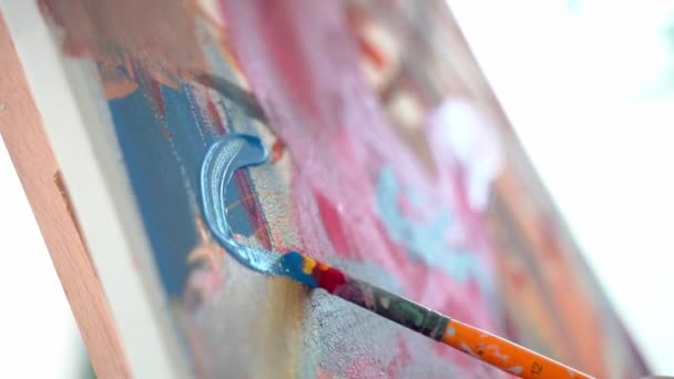 Close Paintbrush Acrylic Oil Paint Canvas Lesson Art School Adults — Stock Video