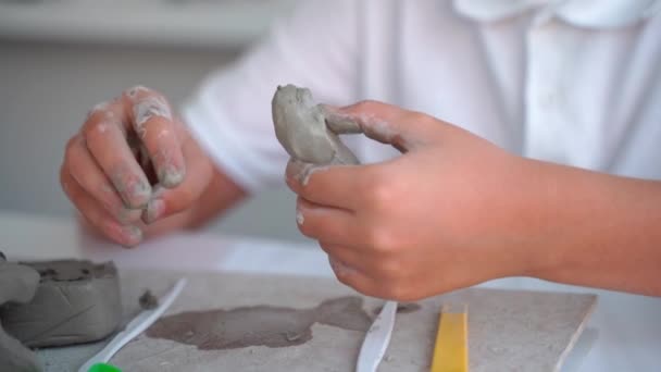 美术学院的少年男孩 粘土在艺术课上雕琢 中学生在老师的帮助下学习如何创造 — 图库视频影像