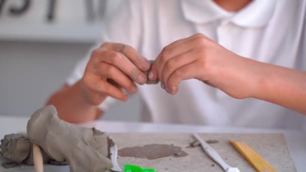 Niño Adolescente Escuela Arte Clay Sculpt Clase Arte Niño Secundaria — Vídeo de stock