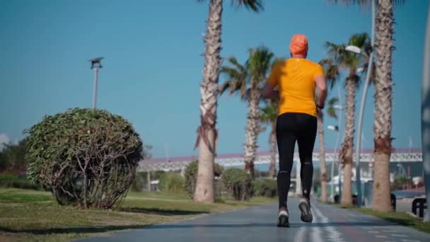 Kalın Adam Güneşli Bir Sabah Sokak Dışında Palm Maratonunda Koşu — Stok video