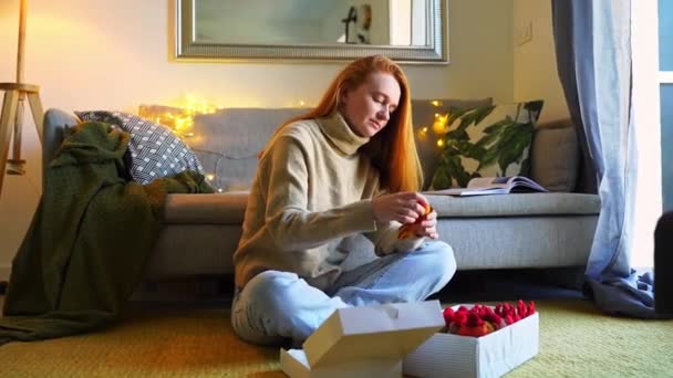Red Haired Young Caring Woman Packing Christmas Gifts Family Winter — Stock Video