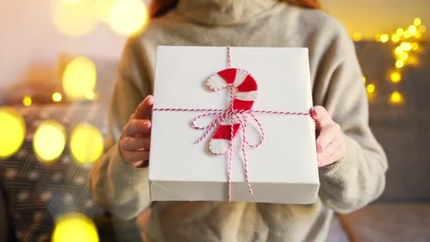 Red Hair Smiling Woman Giving Christmas Packed Gift Box Excited — Stock Video