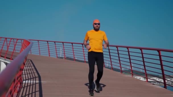 Middle Aged Man Does Running Jogging Workout Sunny Morning Preparation — Stock Video