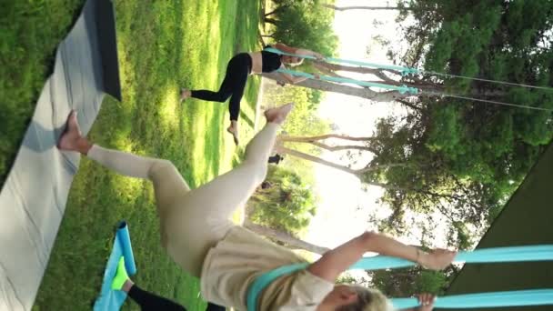 Deneyimli Kadın Eğitmen Tarafından Yönlendirilen Hava Yogası Kadınlar Için Hava — Stok video