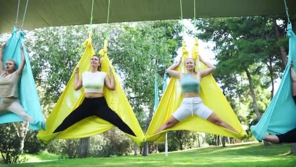 Kvinna Yoga Flygande Luft Asana Hängmatta Offentlig Park Tränar Frisk — Stockvideo
