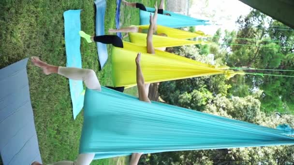 Istruttore Femminile Con Esperienza Conduce Sessione Aerea Yoga Nel Parco — Video Stock