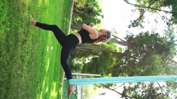 瑜伽和伸展运动对30 40岁妇女的益处 女性体育锻炼 以保持健康和身体的柔韧性 在新鲜空气中进行休闲运动 增强体态 缓解肌肉紧张 — 图库视频影像