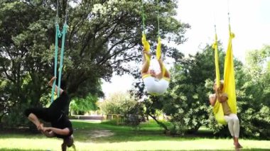 Kadınlar parkın dışında birlikte antrenman yapıyor. Yoga ve hamaklarda gerinme. Kadın sağlığı için spor. Egzersiz stresin azaltılmasına yardımcı olur, içindeki uyumu korur ve genel refaha katkıda bulunur.