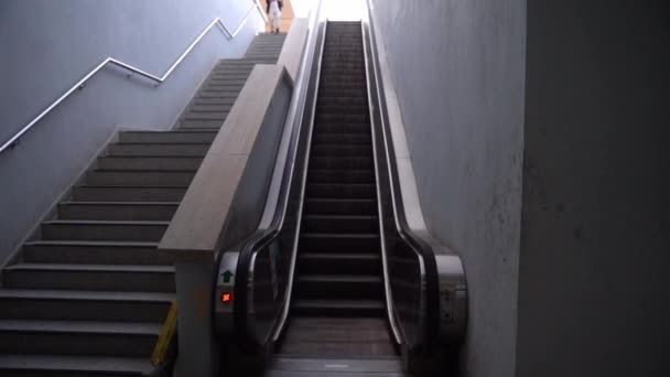 Homem Meia Idade Caminha Plataforma Ferroviária Visão Traseira Usando Escada — Vídeo de Stock
