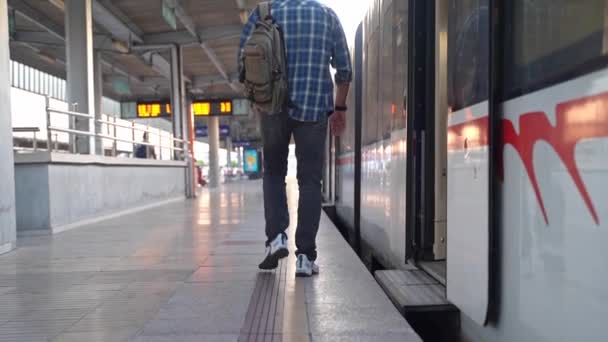 Muž Středního Věku Chodí Železničním Nástupišti Zadní Pohled Cestující Veřejnou — Stock video