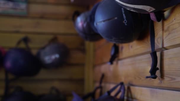 Casco Primer Plano Para Equitación Por Seguridad Mientras Monta Caballo — Vídeo de stock
