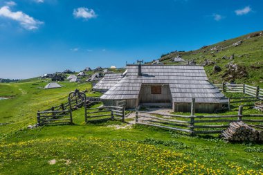 Slovenya 'daki Kamnik-Savinja Alplerinde çoban tarafından Velika planinasında kullanılan tipik bir kulübe.
