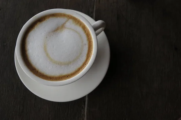 Tasse Kaffee Auf Holztisch Draufsicht — Stockfoto