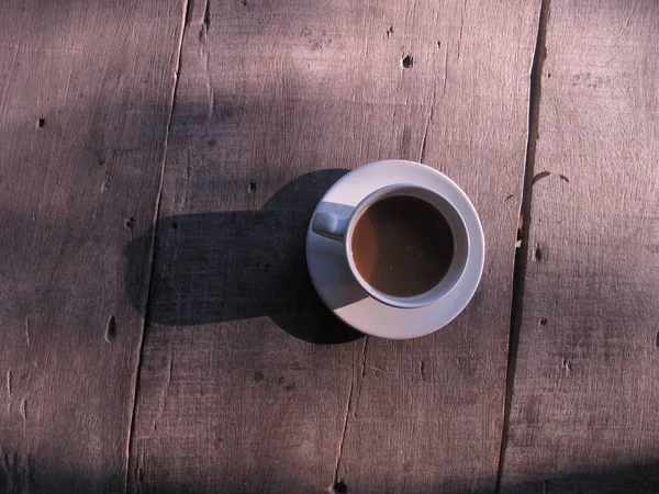 Tasse Kaffee Auf Holztisch Draufsicht — Stockfoto