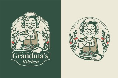 Klasik büyükanne logosu seti, İtalyan restoranının amblem vektör çizimi.
