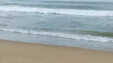 Sabahın erken saatlerinde deniz kıyısında, mavi dalgalar akıyor. Renkli kış gündoğumu. Soğuk fırtınalı dalgalar ve Baltık Denizi üzerindeki bulutlar, yere vuran altın deniz dalgaları. Manzara okyanusu