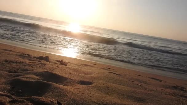 海の砂のビーチを閉じます パノラマのビーチの風景 熱帯のビーチの海景の地平線を刺激する オレンジと黄金の夕日の空穏やかな穏やかなリラックスした日差しの夏の気分 ホライゾン サンライズのビーチで美しい日の出 海と黄金の太陽が昇る — ストック動画
