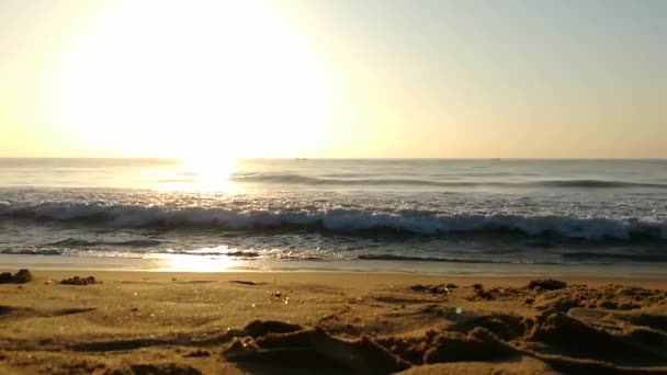 清晨日出在海滨 蓝色的浪花飘扬 多彩的冬日日出 寒冷的暴风雨和乌云在波罗的海上空掠过风景 金色的海浪拍打着地面 风景海洋海浪的运动环形波 海浪的波浪 — 图库视频影像