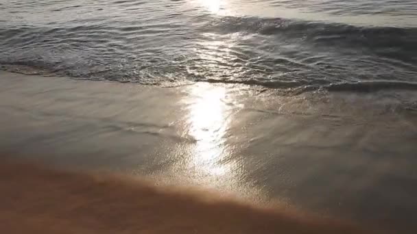 劇的な海の日の出 燃える空と輝く黄金の波 海の上の美しい景色夕日 ビーチで波がクラッシュ海の上の太陽 ビーチヤシの島で素晴らしい赤い日の出 オレンジ色の日の出と波 自然日の出 — ストック動画