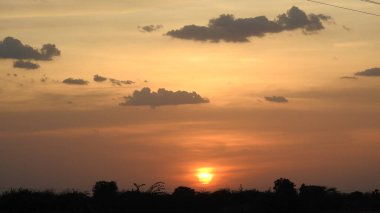 Gölde gün batımında insanların, ağaçların ve teknelerin silueti gün batımında bir arabanın üzerinde dans eden çocukların güzel silueti altın gökyüzü ve siluetli ağaçlar. Çocukların gölgesi parkta birlikte duruyor. Gün batımı gökyüzü ve ağaçlar manzarası.