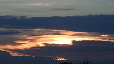 Siluet günbatımı. Düz ufuk ve ağaçlarla mükemmel renkli günbatımı. Palmiye ağaçları ve sudaki insanların siluetleri. Güzel sahil manzarasında gün batımında birçok insan gün batımından önce denize oynamaya gelir. Sahilde günbatımının silueti.